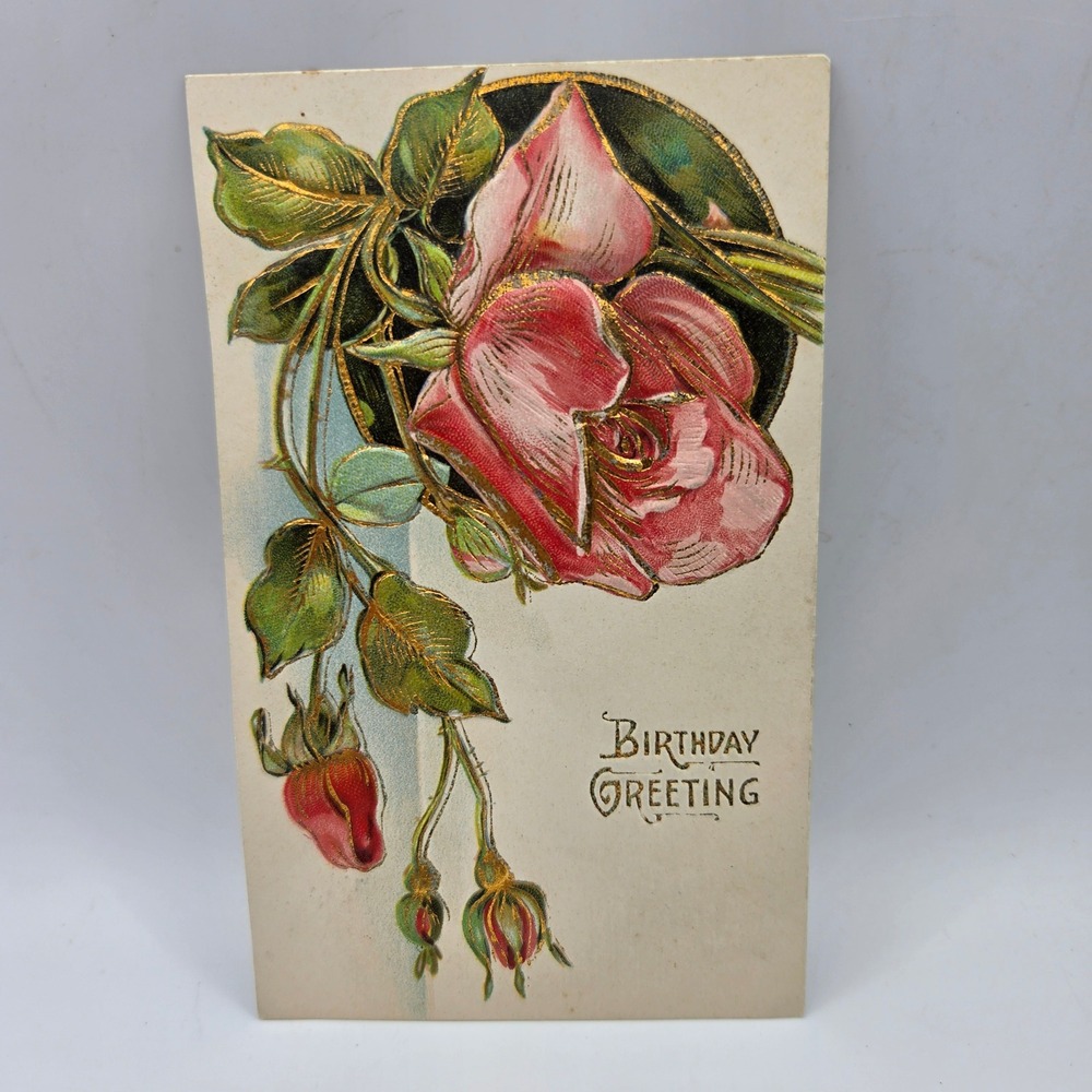 Vintage ASB Germany Embossed Pink Rose Gold Gilt Birthday Greeting Postcard 270‎